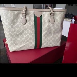 Gucci Cream and Green Monogram Tote Bag